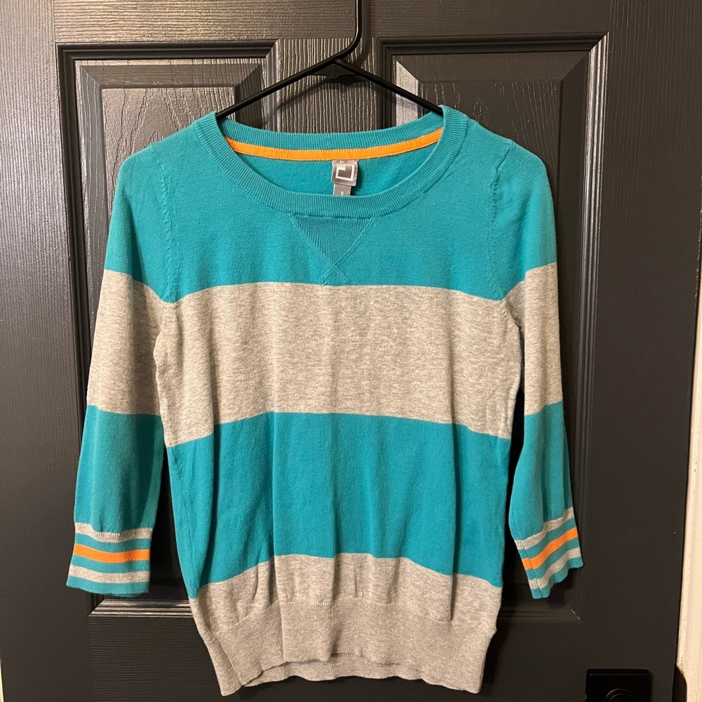 JCPenney Teal and Gray Striped Crew Neck Sweater